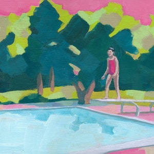 I'm Ready - art print of figurative painting | girl girly room decor  | girl jumping to a swimming pool  | pink nursery decor art