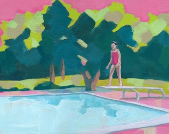 I'm Ready - art print of figurative painting | girl girly room decor  | girl jumping to a swimming pool  | pink nursery decor art  12"x9"