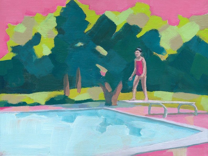 I'm Ready art print of figurative painting girl girly room decor girl jumping to a swimming pool pink nursery decor art image 1