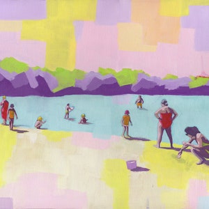 A Free Day art print of abstract figurative painting living room decor wall art seascape people at the beach purple yellow pastel image 1