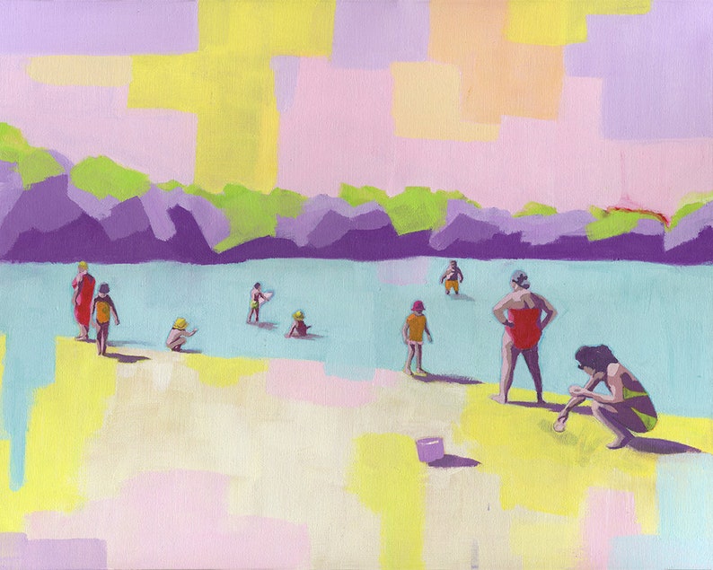 A Free Day art print of abstract figurative painting living room decor wall art seascape people at the beach purple yellow pastel image 1