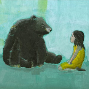 Curiosity Giclee print of an original painting art reproduction children nursery art decor poster girl and black bear image 1