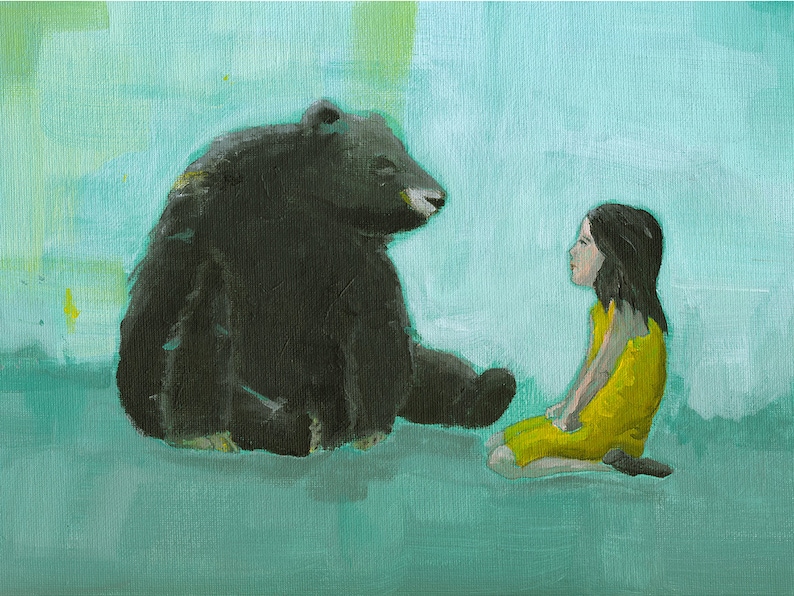 Curiosity Giclee print of an original painting art reproduction children nursery art decor poster girl and black bear image 1