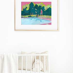 I'm Ready art print of figurative painting girl girly room decor girl jumping to a swimming pool pink nursery decor art image 3
