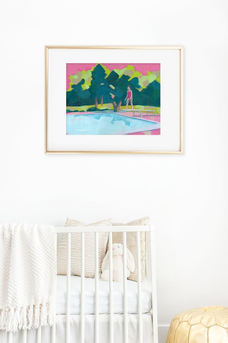 I'm Ready art print of figurative painting girl girly room decor girl jumping to a swimming pool pink nursery decor art image 3