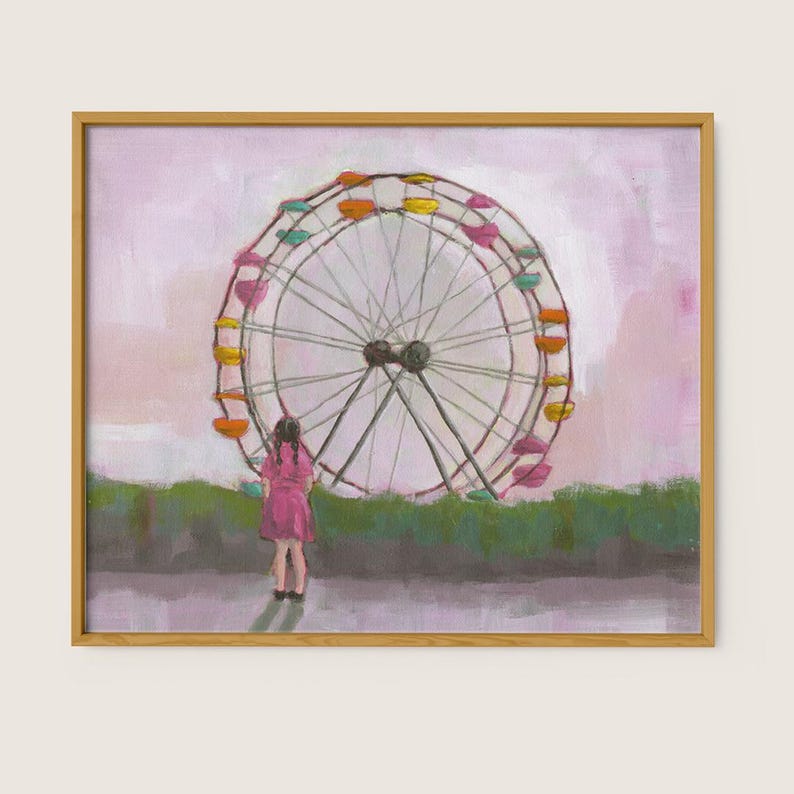 May include: A painting of a girl in a pink dress standing in front of a colorful Ferris wheel against a pink sky.