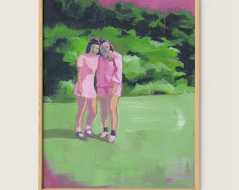 May include: Painting of two women in pink dresses standing in a green field with a forest in the background.