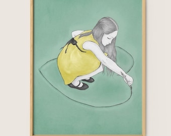 Girl Drawing Heart Art Print | Pastel Illustration, Dorm Wall Decor