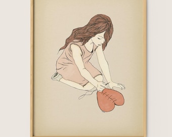Girl Mending Heart Illustration Art Print - Sympathy Gift