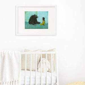 Curiosity Giclee print of an original painting art reproduction children nursery art decor poster girl and black bear image 2