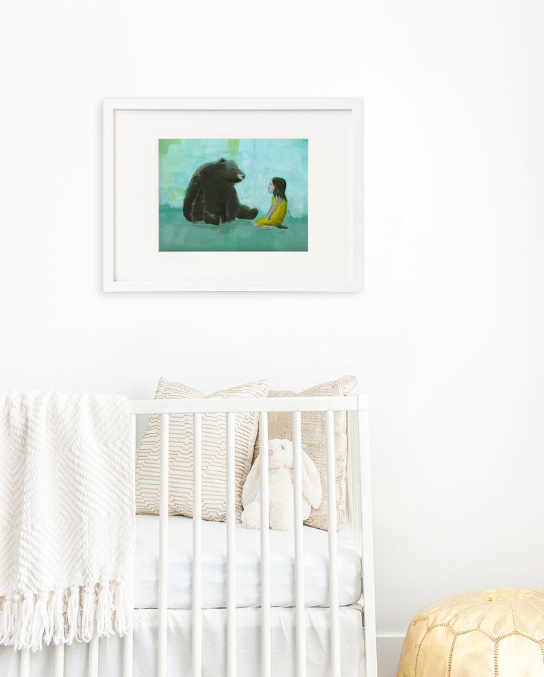 Curiosity Giclee print of an original painting art reproduction children nursery art decor poster girl and black bear image 2