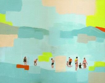 Whats in the water? art print of abstract figurative painting | living room decor | seascape | people beach | contemporary sea pastel 10"x8"