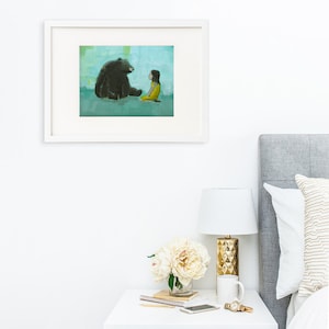 Curiosity Giclee print of an original painting art reproduction children nursery art decor poster girl and black bear image 5