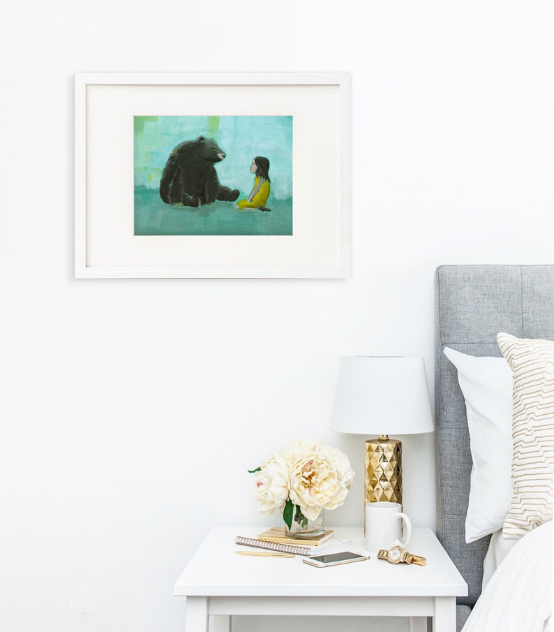 Curiosity Giclee print of an original painting art reproduction children nursery art decor poster girl and black bear image 5