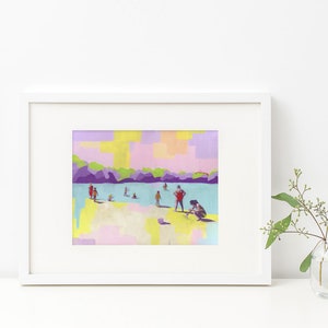 A Free Day art print of abstract figurative painting living room decor wall art seascape people at the beach purple yellow pastel image 2