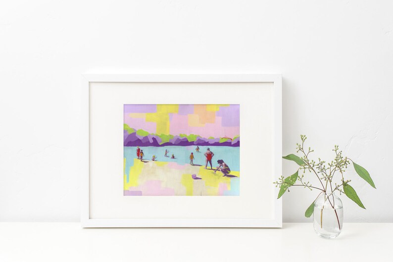 A Free Day art print of abstract figurative painting living room decor wall art seascape people at the beach purple yellow pastel image 2