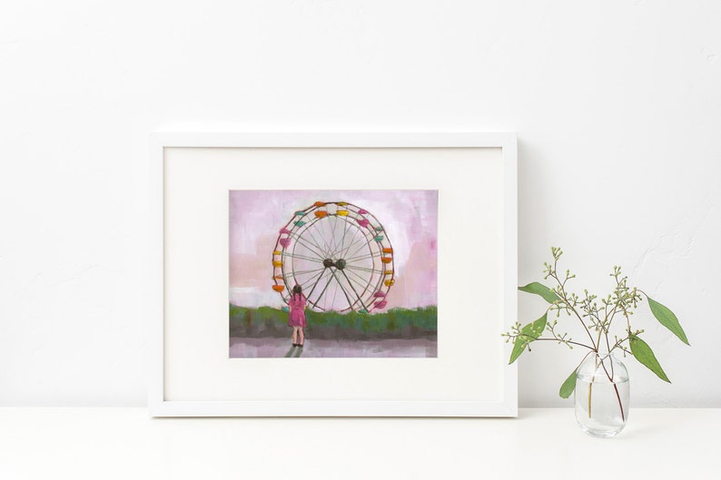 May include: A painting of a girl standing in front of a large Ferris wheel. The Ferris wheel is painted in shades of pink, green, yellow, and orange. The background is a soft pink and purple.