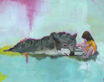 Natural Bond - Giclee print of an original painting art reproduction children nursery art decor poster girl and wolf dog 10"x8"