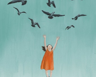 Print of acrylic painting - Uplifted - Giclee art print poster reproduction blue birds girl nursery decor 8"x10"