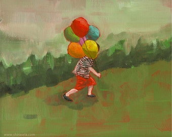 Getting There - original acrylic painting of a boy with balloons grass green landscape boy room nursery