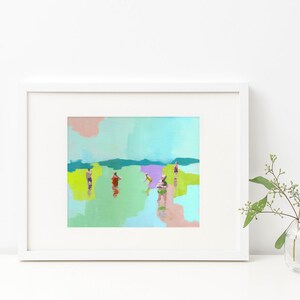 Fresh art print of figurative abstract painting people in the beach sea water swimming pastel seascape living room decor Bild 2