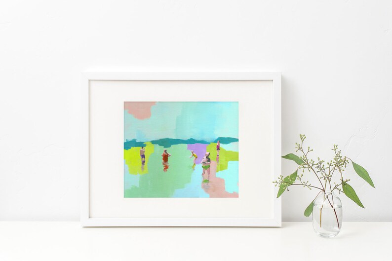 Fresh art print of figurative abstract painting people in the beach sea water swimming pastel seascape living room decor Bild 2