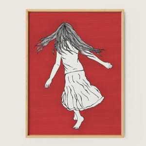 Wall art print | contemporary nursery decor | dorm decor | Figurative illustration modern drawing girl woman dancing red happy positive