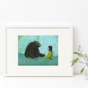 Curiosity Giclee print of an original painting art reproduction children nursery art decor poster girl and black bear image 3