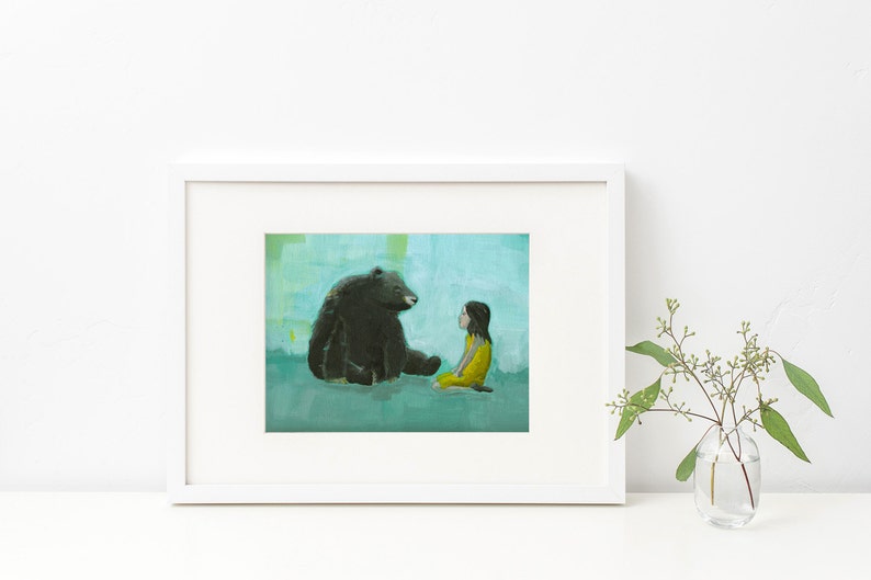 Curiosity Giclee print of an original painting art reproduction children nursery art decor poster girl and black bear image 3