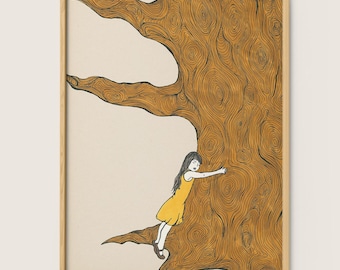 Girl Hugging Tree Art Print, Whimsical Nursery Decor
