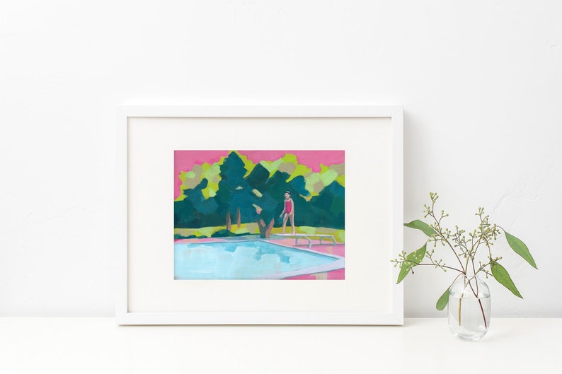I'm Ready art print of figurative painting girl girly room decor girl jumping to a swimming pool pink nursery decor art image 2