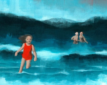 Print of an acrylic painting, giclee digital art print reproduction decor art for girl woman seascape ocean beach swimsuit 'Waves'