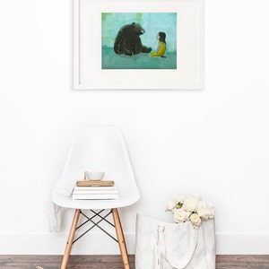 Curiosity Giclee print of an original painting art reproduction children nursery art decor poster girl and black bear image 4