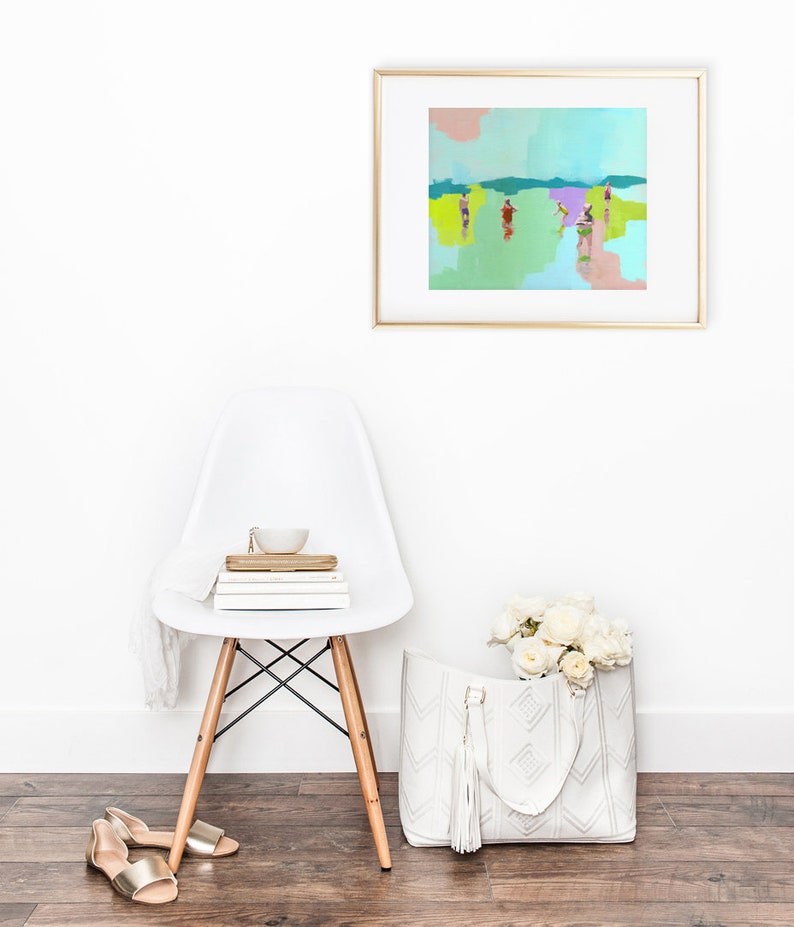 Fresh art print of figurative abstract painting people in the beach sea water swimming pastel seascape living room decor Bild 3