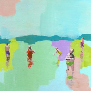 Fresh art print of figurative abstract painting people in the beach sea water swimming pastel seascape living room decor image 1