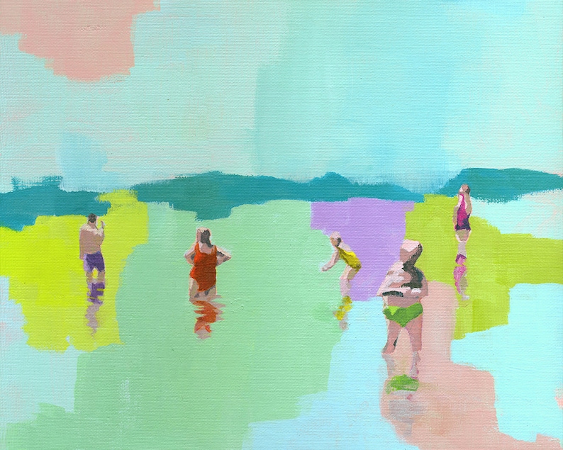 Fresh art print of figurative abstract painting people in the beach sea water swimming pastel seascape living room decor image 1