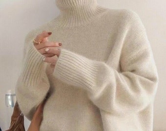 Suéter de cuello alto hecho a mano para mujeres | Suéter de punto suave | Regalo para ella | Suéter grueso y acogedor