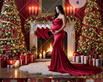Luxury Christmas Fireplace Digital Backdrop Set: Red & Gold Holiday Scene (Set of 6)