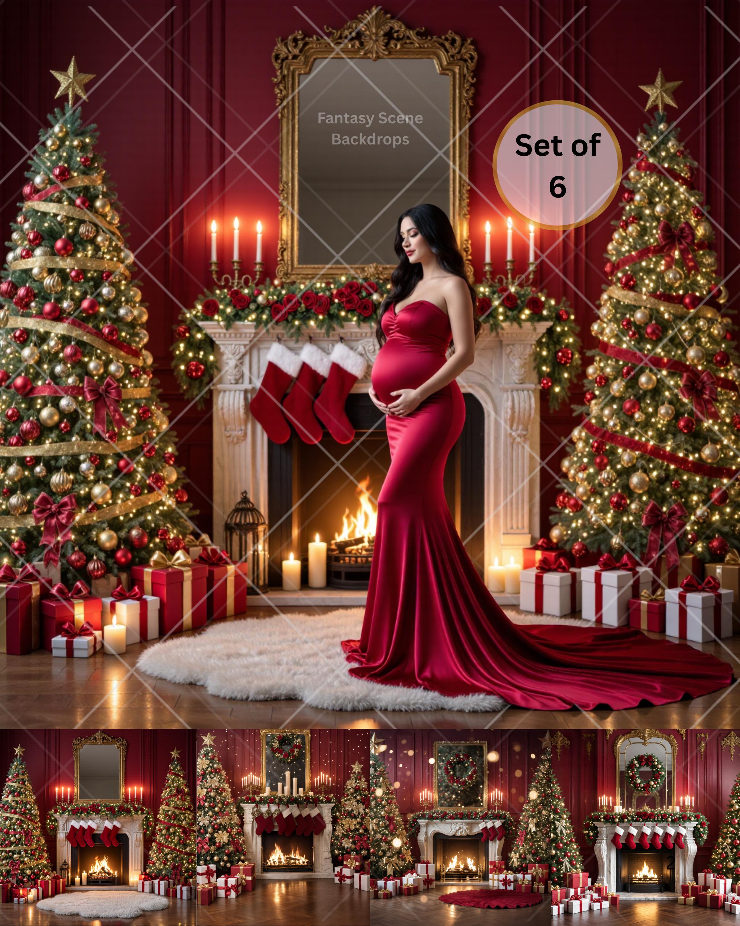 Luxury Christmas Fireplace Digital Backdrop Set: Red & Gold Holiday ...