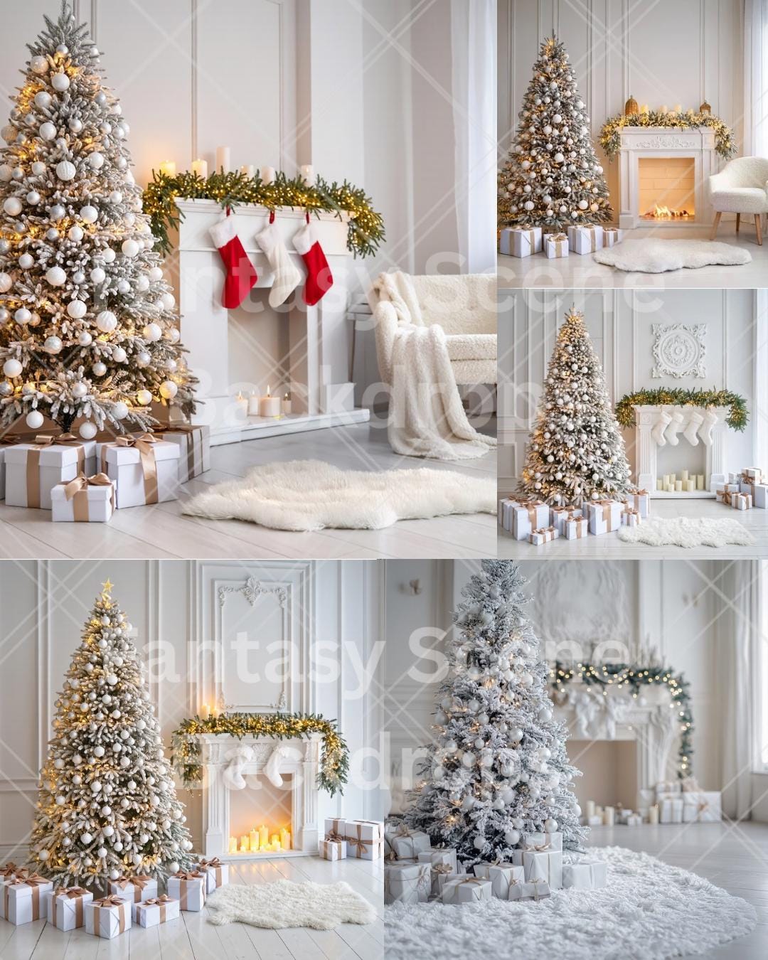 White Christmas Living Room Digital Backgrounds: Elegant Tree ...