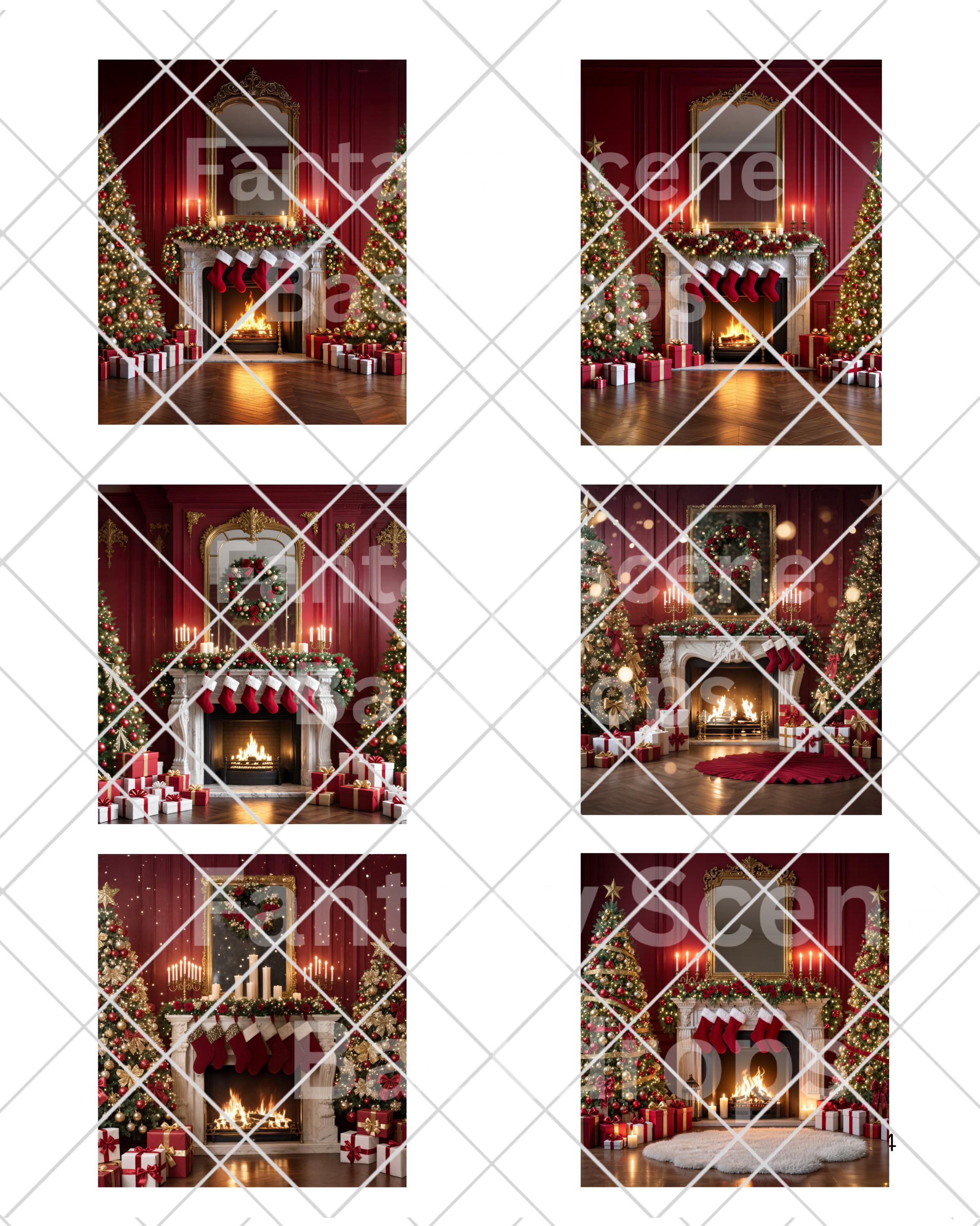 Luxury Christmas Fireplace Digital Backdrop Set: Red & Gold Holiday ...