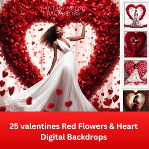 25 Valentines Red Heart Flowers Digital Background,Photoshop Overlays, Maternity Portrait Backdrops, Composite Photography studio Background