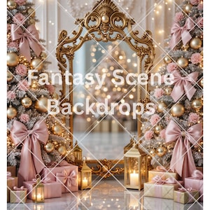 Może przedstawiać: Świąteczne tło z ozdobnym, złotym lustrem, otoczone choinkami ozdobionymi różowymi kokardami, różami i złotymi bombkami. Prezenty i latarnie ze świecami ustawione z przodu. Widoczny tekst "Fantasy Scene Backdrops".