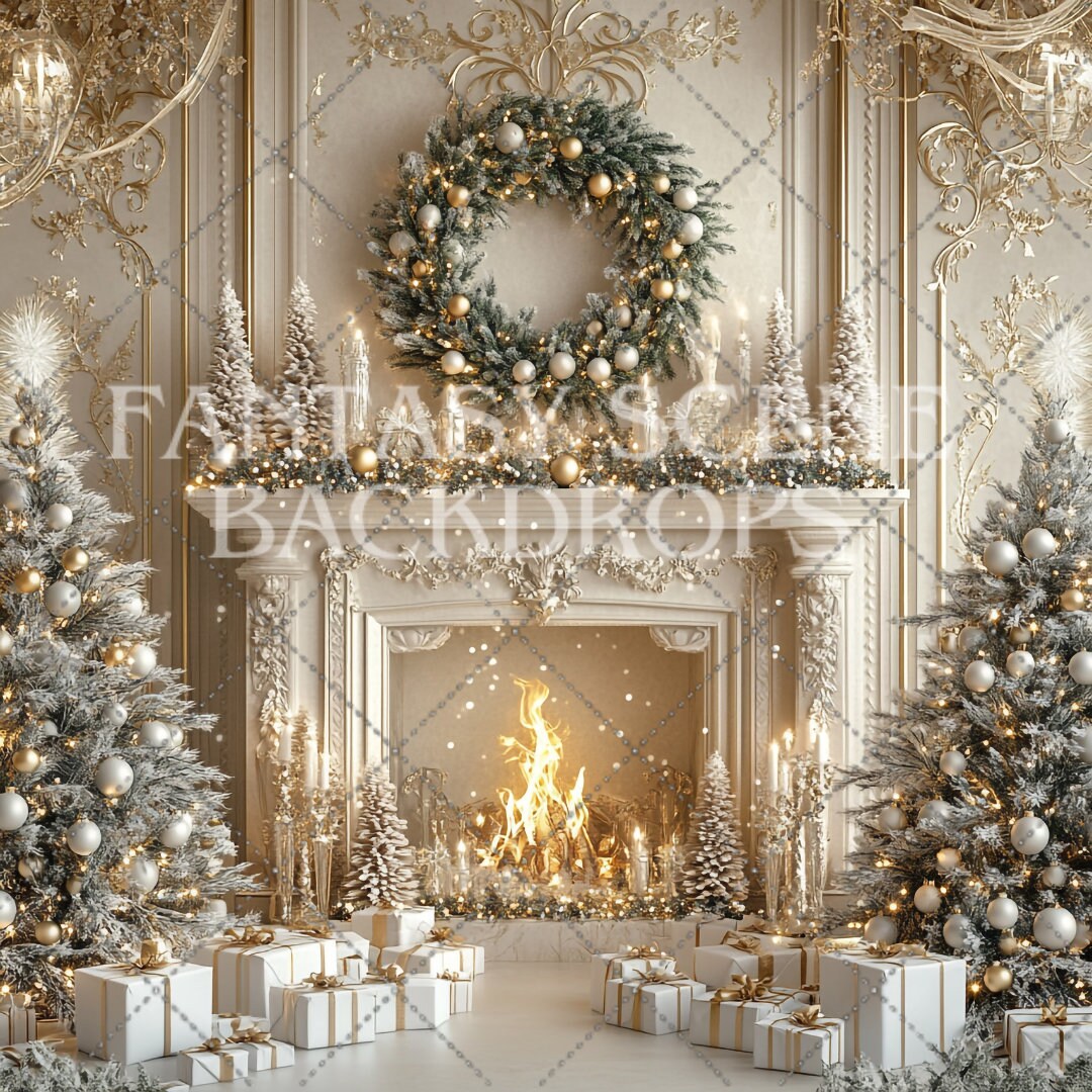 Set Of 4 White & Gold Living Room Christmas Digital Backdrop, Neutral Christmas, Family Photo Studio Backdrops, Realistic Christmas Overlay