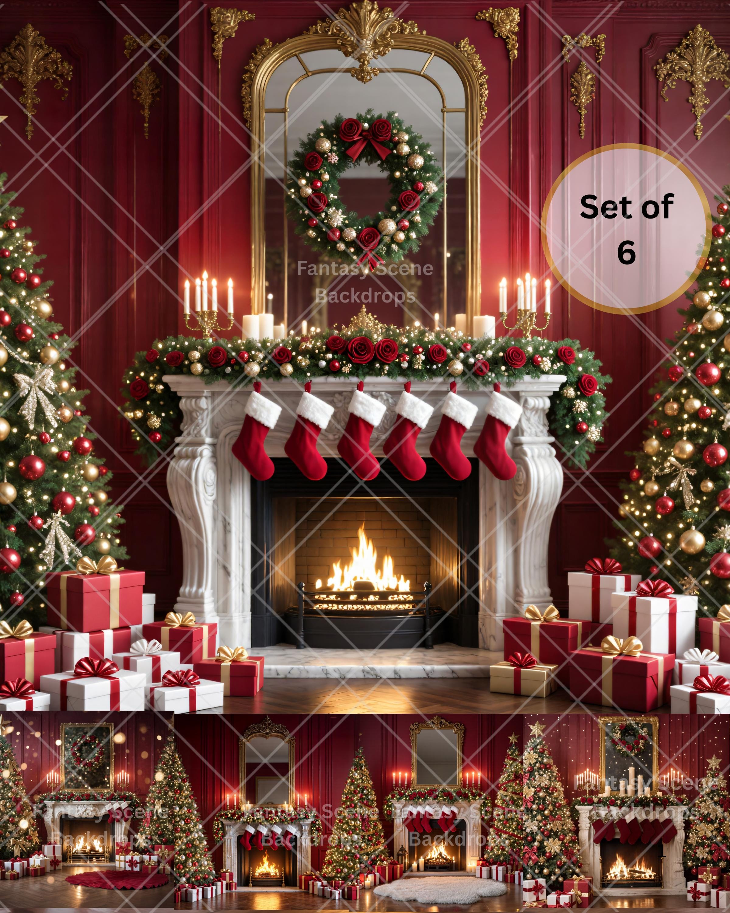 Luxury Christmas Fireplace Digital Backdrop Set: Red & Gold Holiday ...