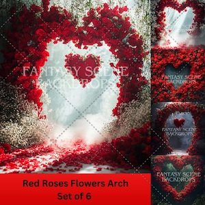 Red Flowers Heart-Shaped Rose Arch Digital Background Valentine’s Day Portrait Photography Composite Romantic Digital Photoshop Backdrop