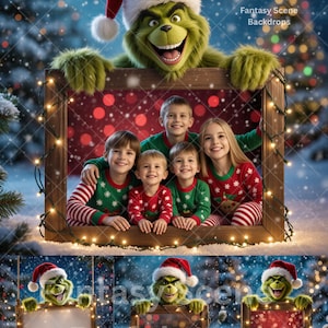 Puede incluir: Un telón de fondo navideño con un personaje verde del Grinch con un gorro de Papá Noel, enmarcando a un grupo de niños con suéteres navideños. El telón de fondo incluye un marco de madera adornado con luces de hadas, sobre un fondo nevado y borroso. El texto dice "Fantasy Scene Backdrops".