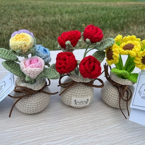 Handmade Crochet Flowers with Crochet Vase - Personalized Home Decoration and Gift - Elegant Crochet Bouquet - 3 Colors
