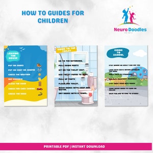 Póster Cómo hacerlo para niños/Guía de ayuda visual/Instrucciones visuales para ir al baño/Ayuda para salir de casa/Ayuda visual para ir a la escuela