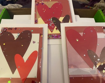 Valentine Heart *Glitter* Cards!  Unique & Handmade, Mixed Media, with Shaker Pouch of Heart Glitter!